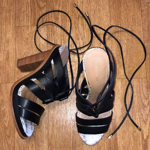 Calvin Klein Black & Grey Snakeskin Patterned Strappy Heels - Picture 3 of 8